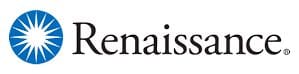 The image shows the Renaissance logo, featuring a blue circular design with white rays resembling a starburst, next to the word Renaissance in black serif font.